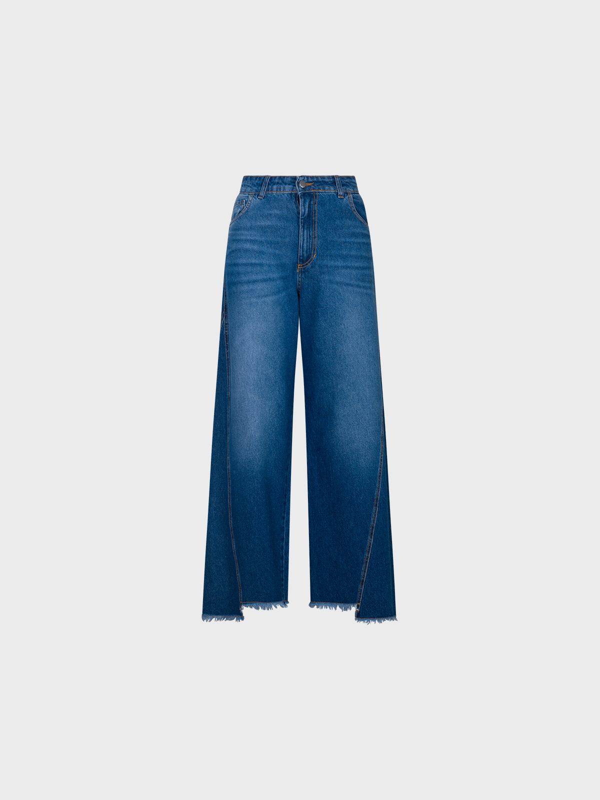 Pantalone in denim alla caviglia con frangette sul fondo