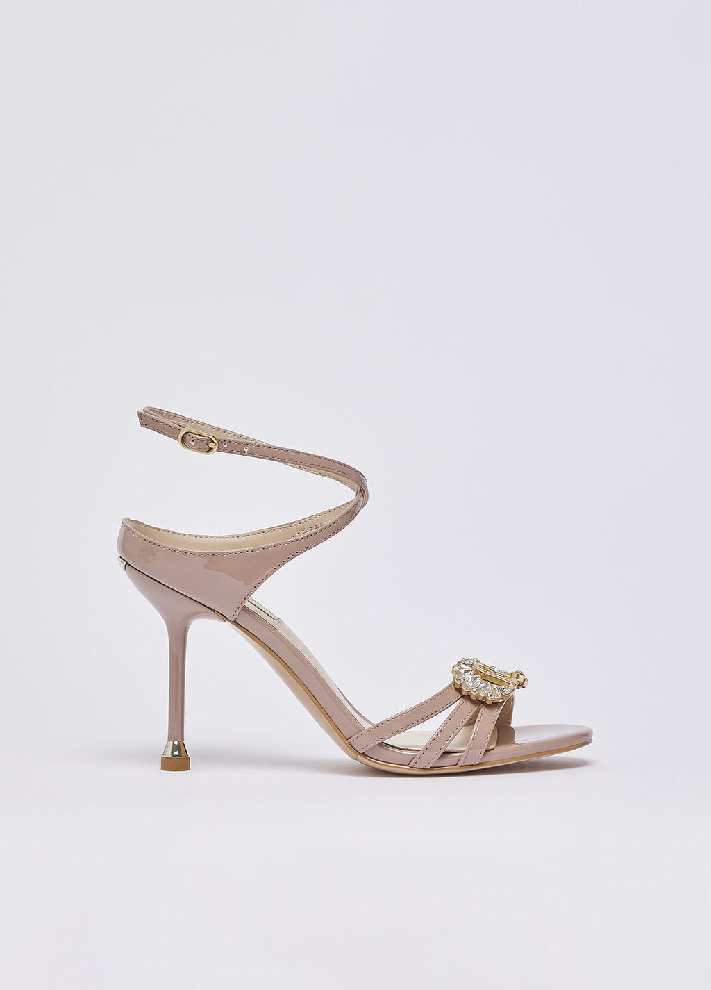 Patent leather sandals with bejewelled logo