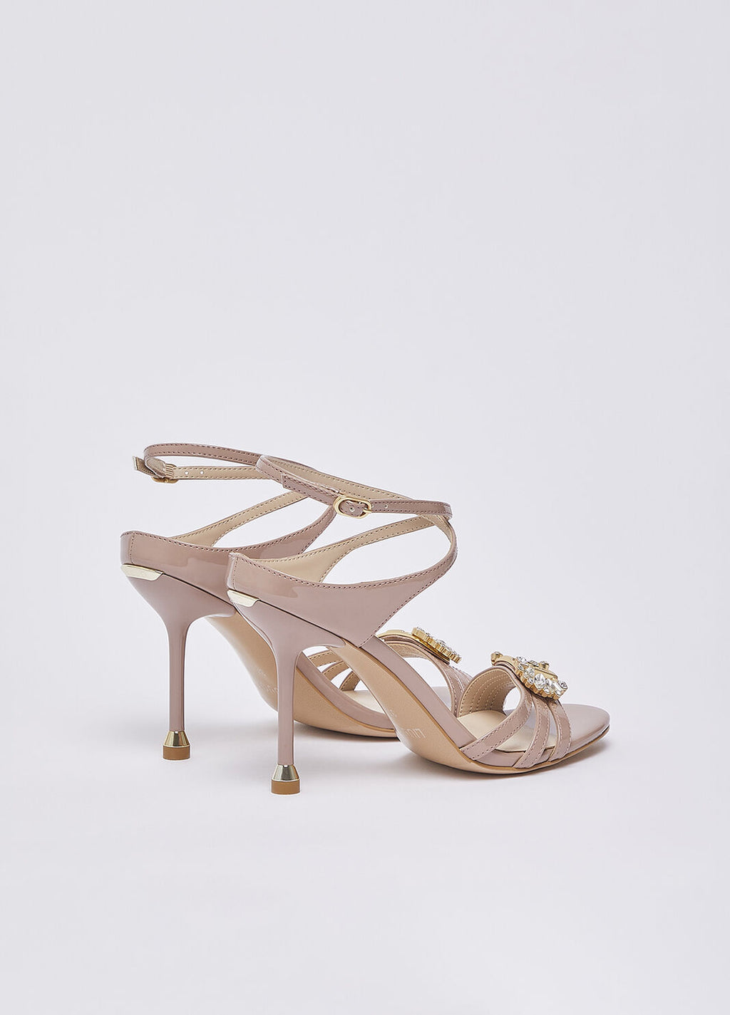 Patent leather sandals with bejewelled logo